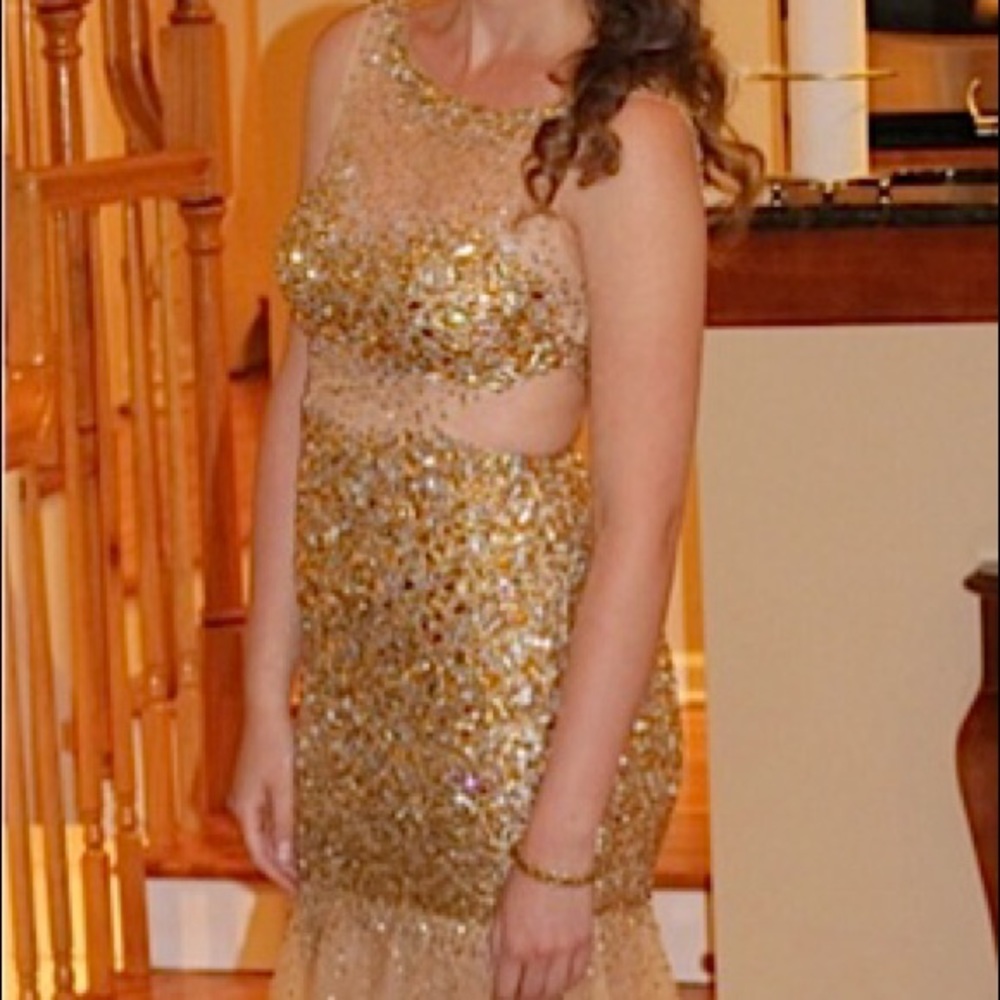 Jovani gold beaded dress